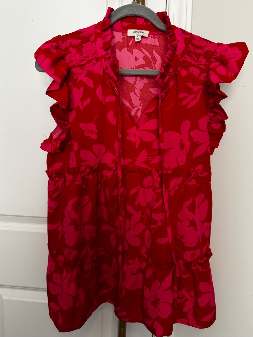 Umgee Red & Hot Pink Floral Ruffle Tie-Neck Blouse